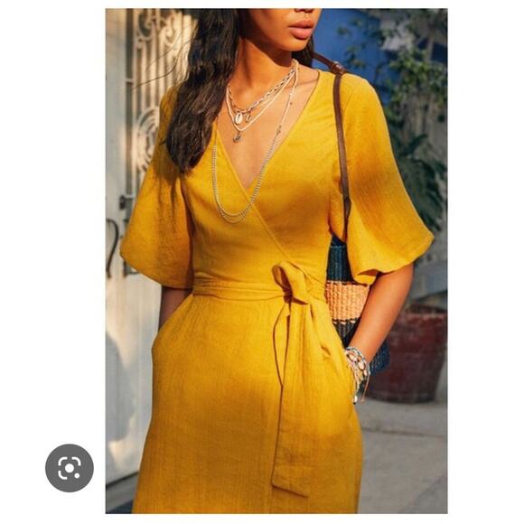 NWT urban outfitters yellow print wrap short sleeved dress size small - Picture 13 of 14